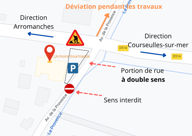 Plan d'accès à l'Armoire Gourmande pendant les travaux de l'avenue Ailleret à Ver-sur-Mer.